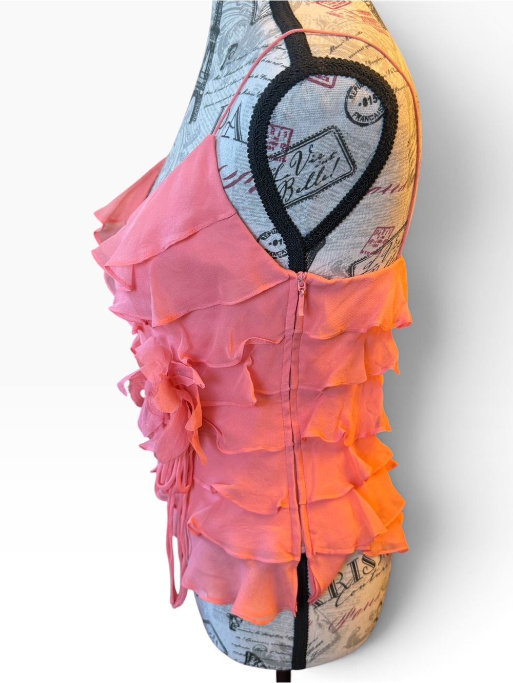 Caché Coral Pink 100% Silk Ruffle Rosette Cami Top Size 4 - Picture 2 of 9